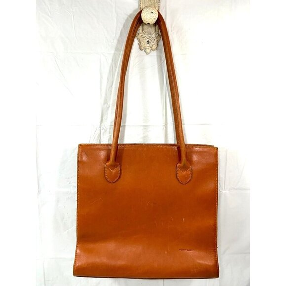 PERRY ELLIS Leather Shoulder Bag Purse Pockets TAN - Picture 2 of 16